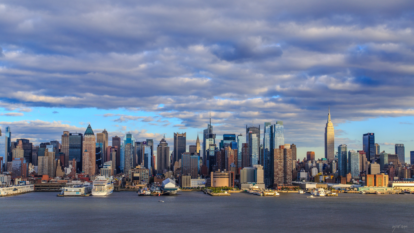 Обои вид на Нью-Йорк, Манхеттен, городской пейзаж, город, линия горизонта в разрешении 1366x768
