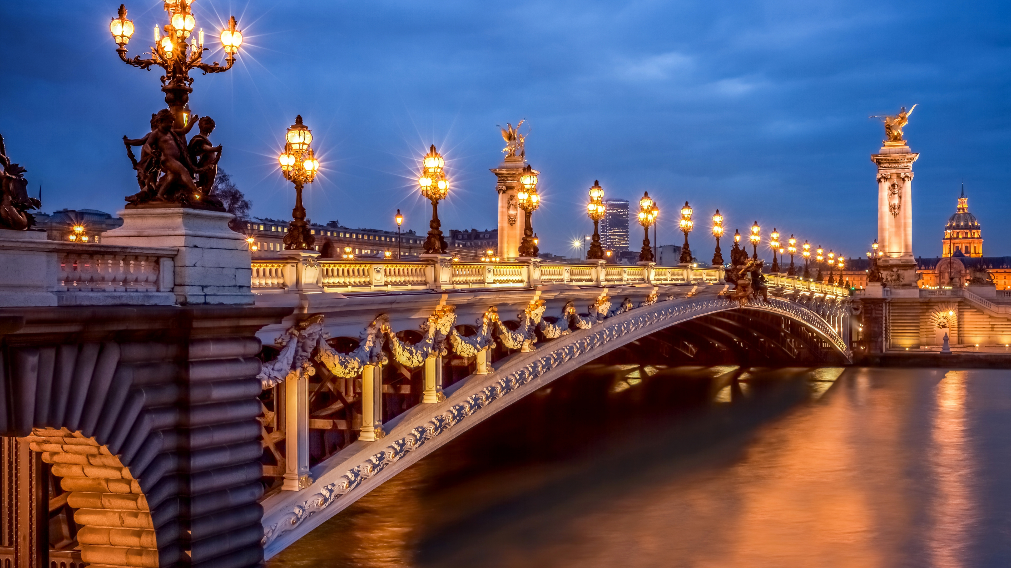 Обои Мост Александра III, Эйфелева башня, сена, мост, ориентир в разрешении 3840x2160