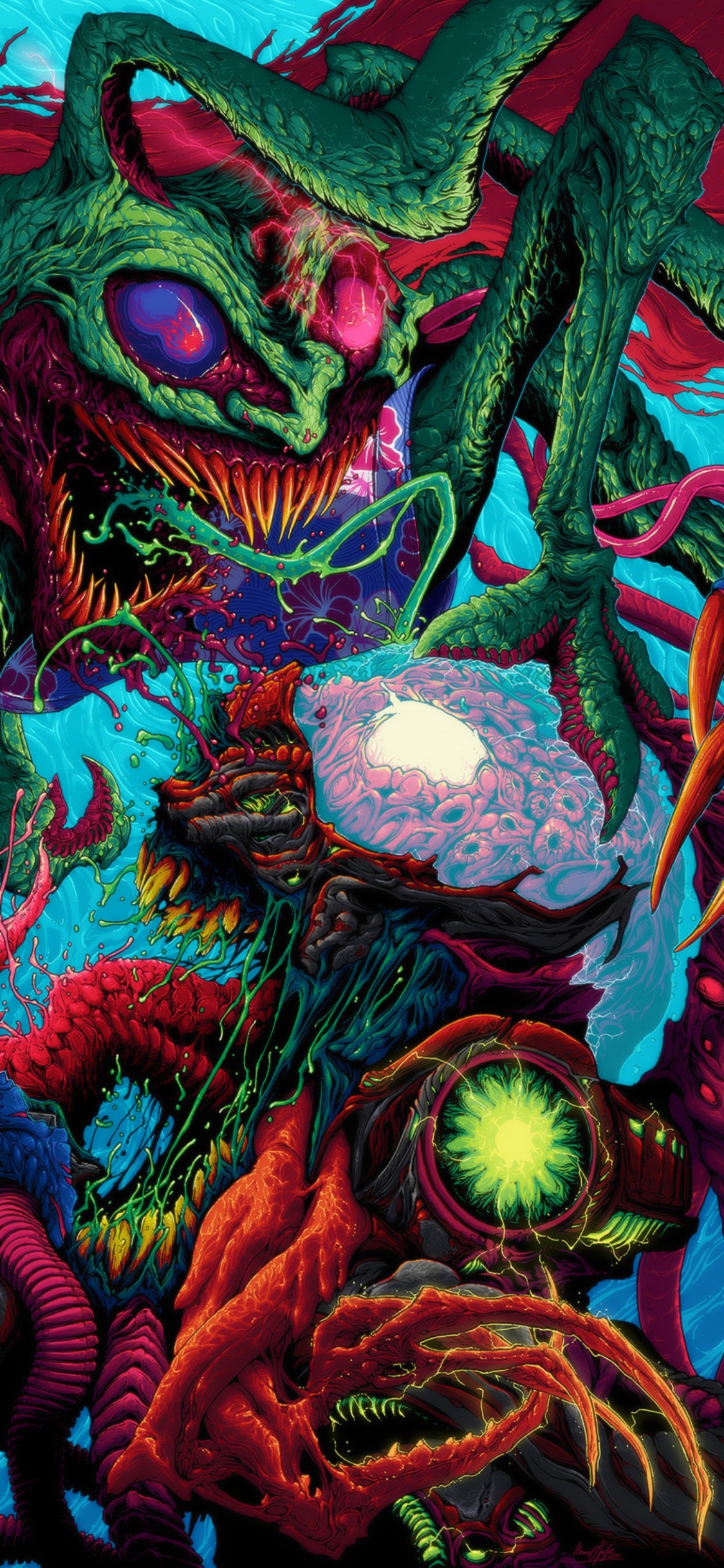 Обои иллюстрация, арт, зеленый, красный цвет, пурпурный цвет в разрешении 1125x2436