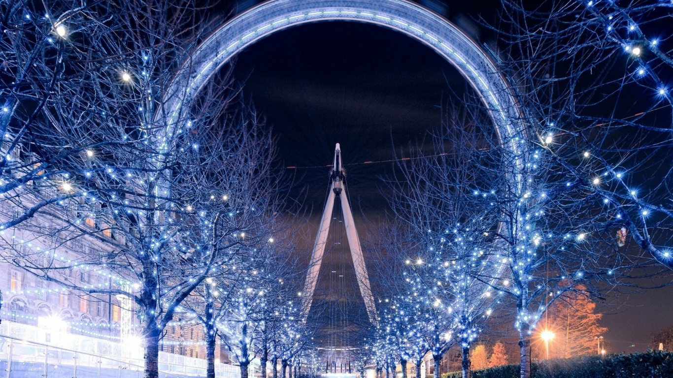 Обои зима, колесо обозрения, ориентир, архитектура, свет в разрешении 1366x768