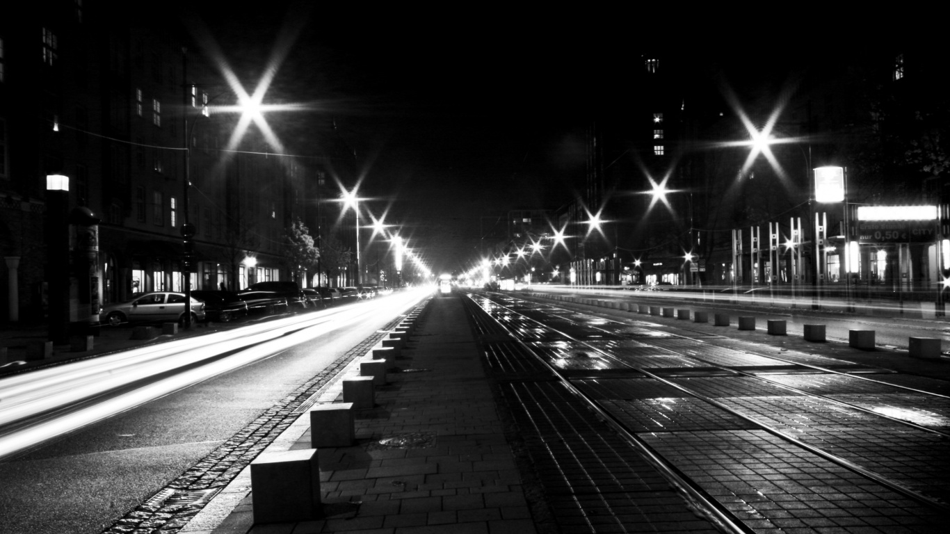 Обои черный и белый, уличный фонарь, черный, ночь, город в разрешении 1366x768