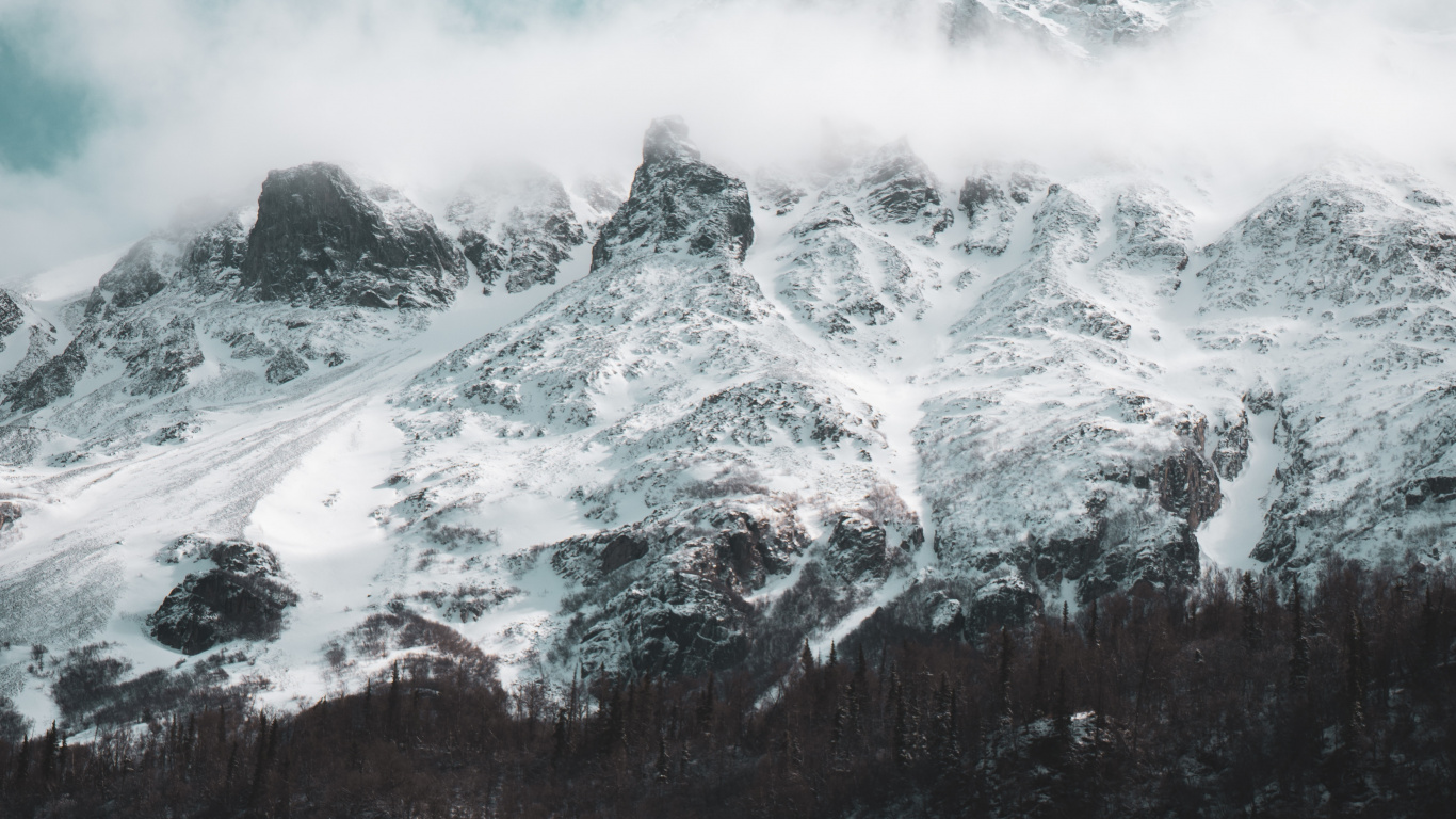 Обои гора, горный рельеф, облако, вода, волна в разрешении 1366x768