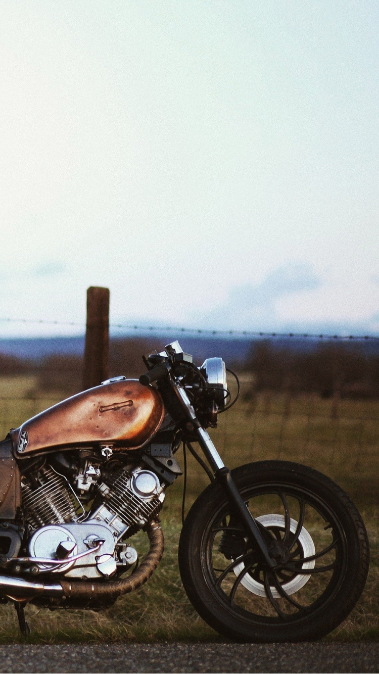 Обои Кафе рейсер, мотоцикл, Мотоциклы Triumph, кастомный мотоцикл, авто в разрешении 750x1334