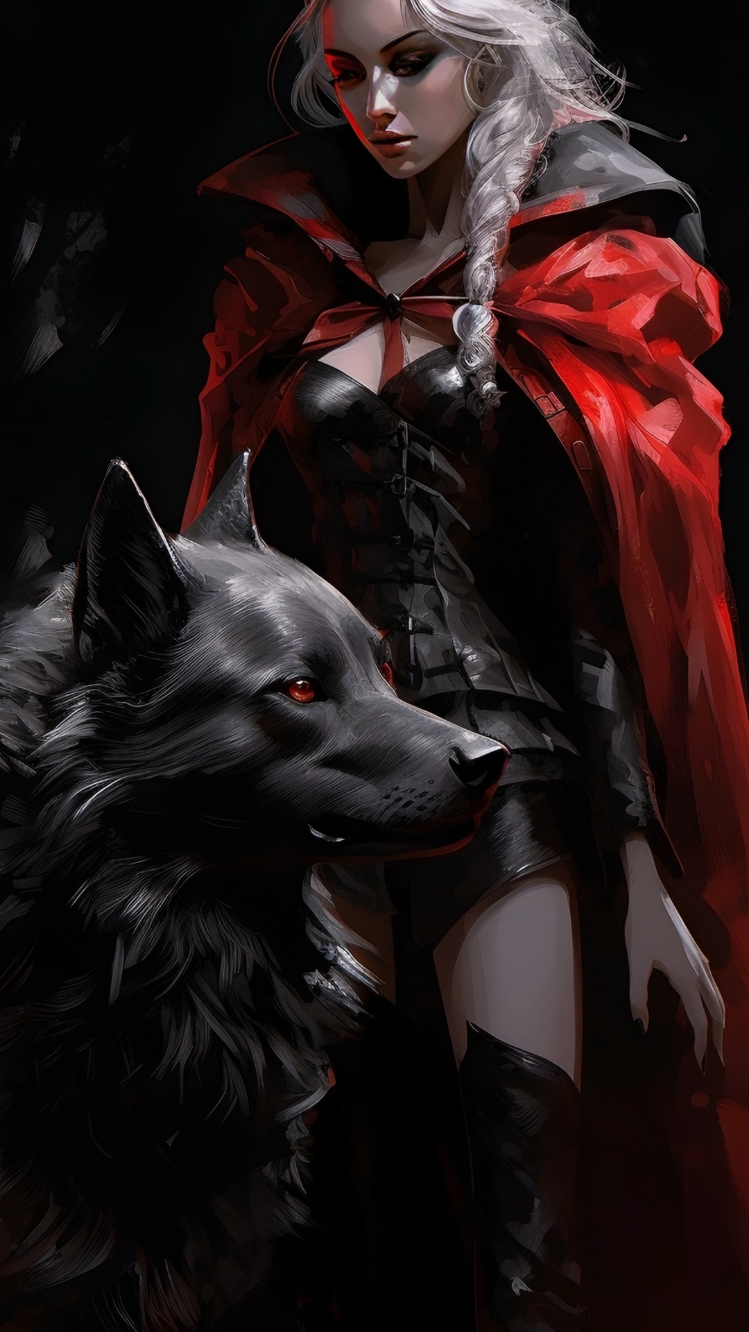 Обои датский дог, арт, Красная Шапочка, оборотень, черный в разрешении 1080x1920