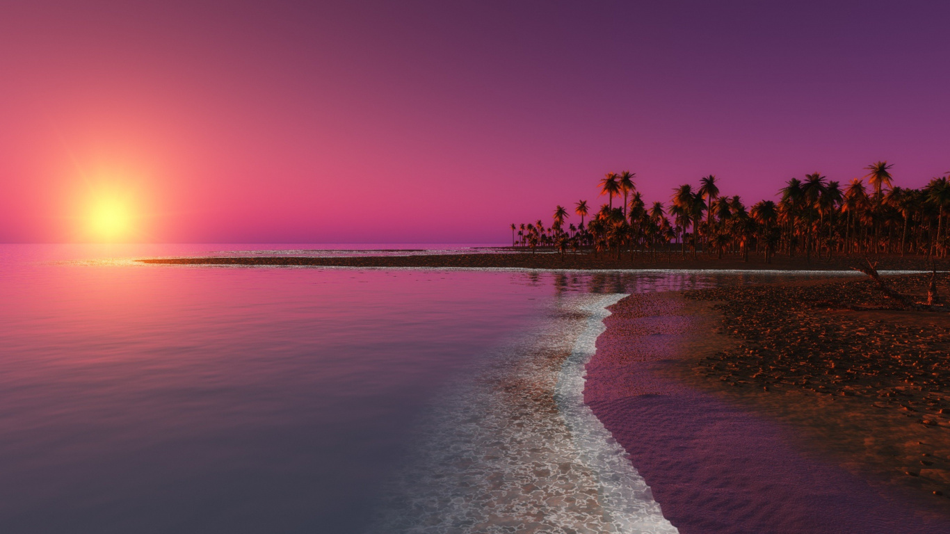 Обои закат, горизонт, море, берег, небо в разрешении 1366x768