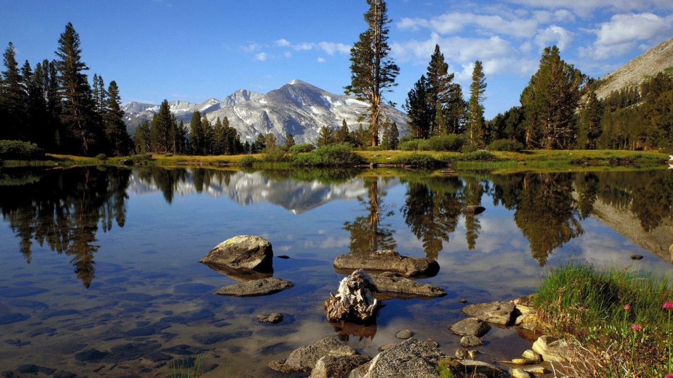 Обои отражение, природа, дикая местность, каровое озеро, озеро в разрешении 1366x768