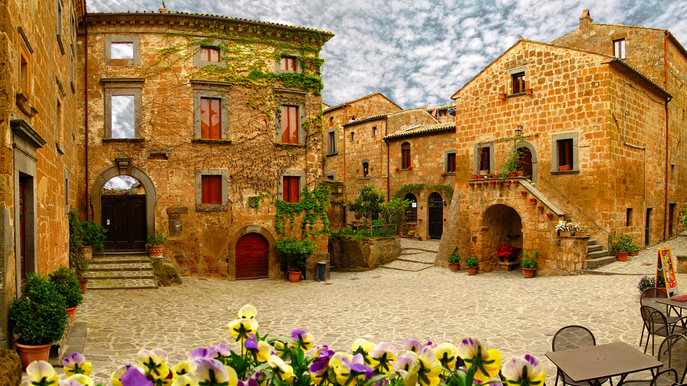 Обои Чивита-ди-Баньореджо, городок, цветок, Хаус, деревня в разрешении 1366x768