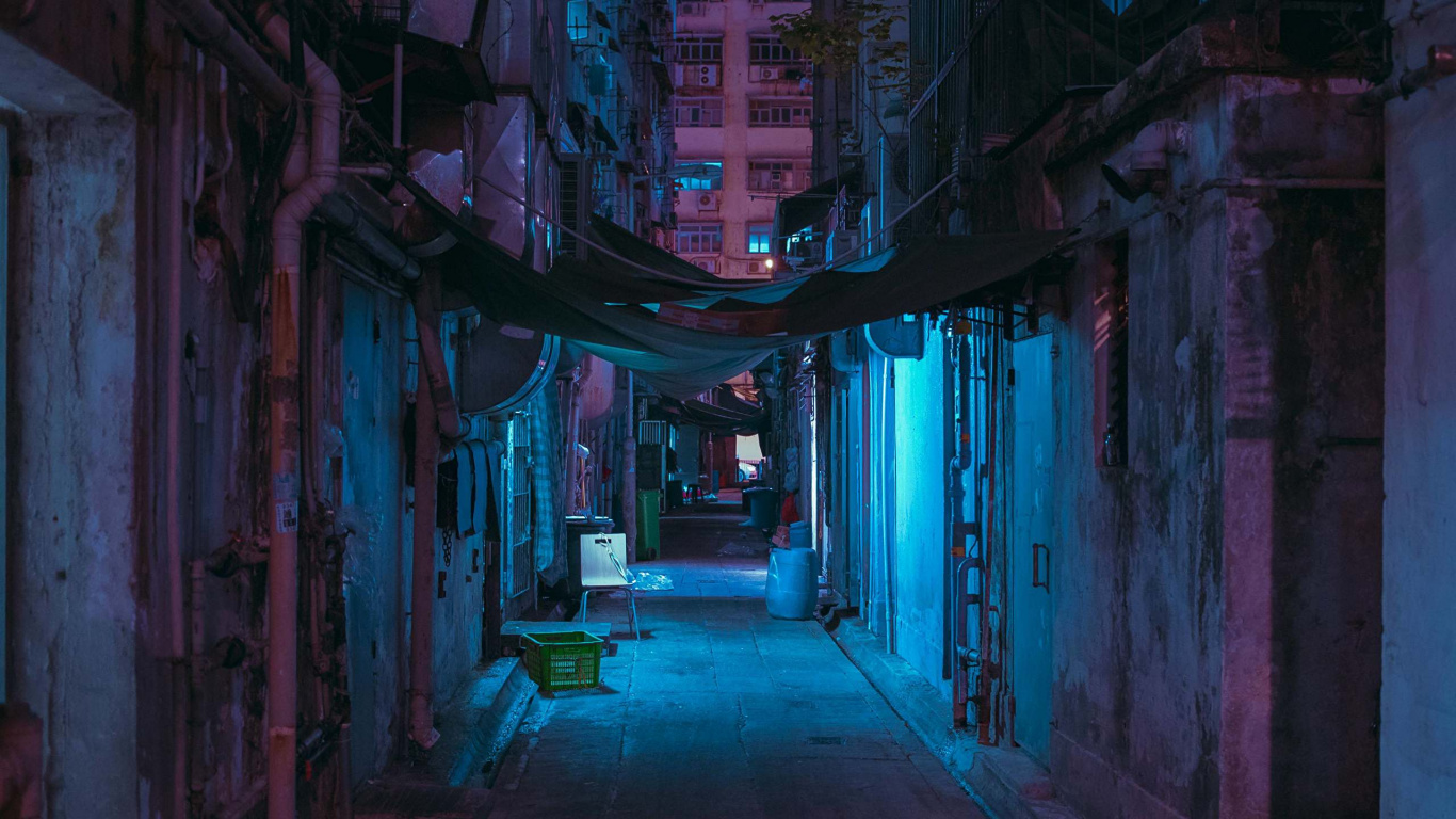 Обои синий, аллея, улица, темнота, полночь в разрешении 1366x768