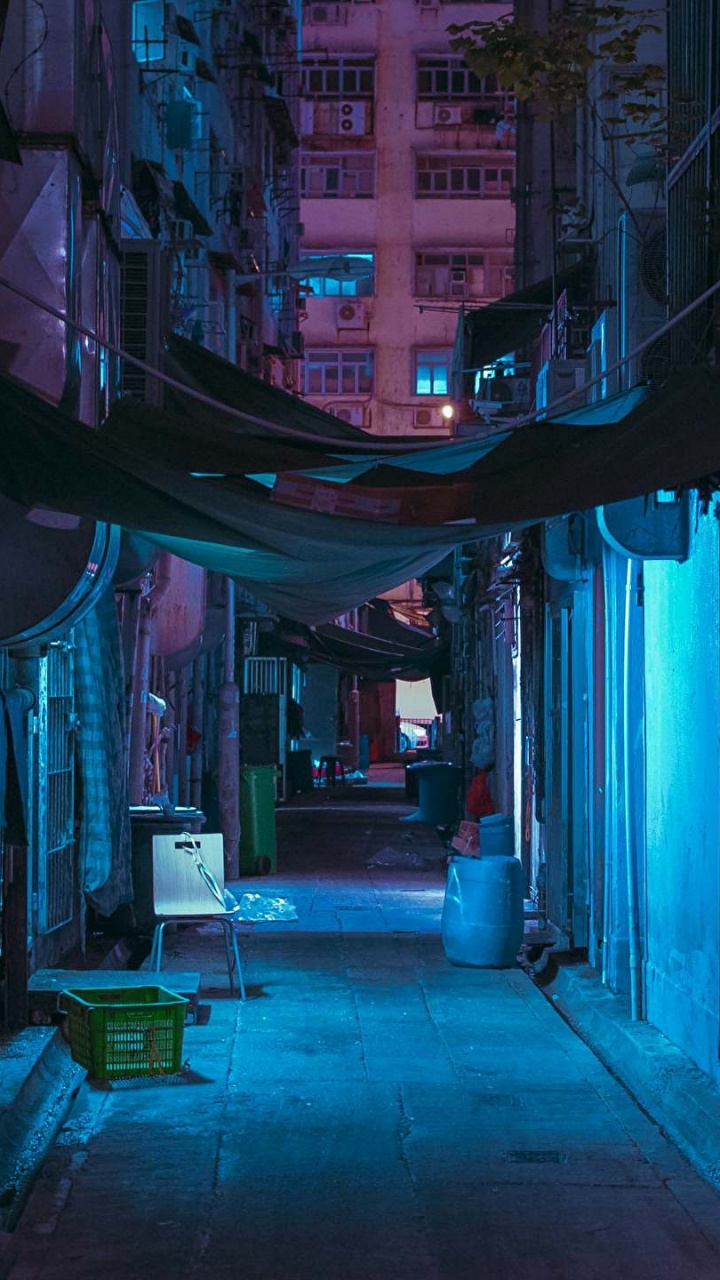 Обои синий, аллея, улица, темнота, полночь в разрешении 720x1280