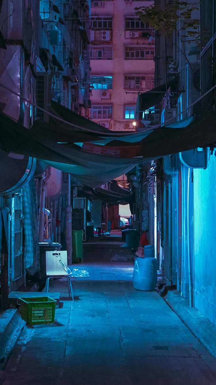 Обои синий, аллея, улица, темнота, полночь в разрешении 750x1334