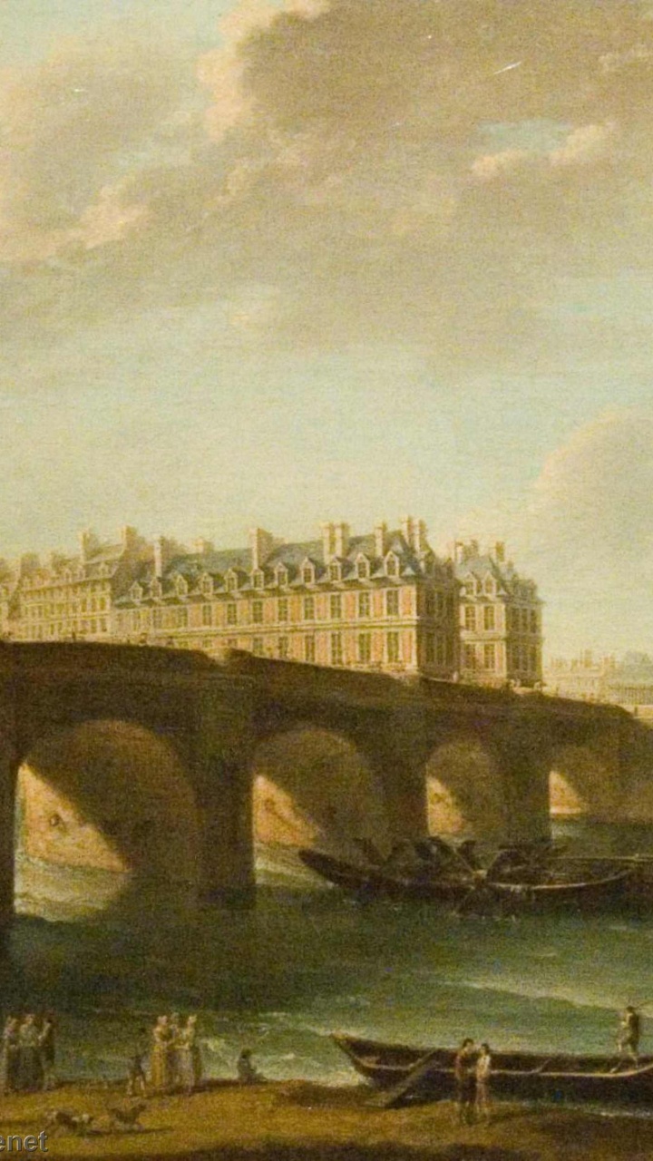 Обои Новый мост и Лувр, живопись, мост, акварельные краски, визуальное искусство в разрешении 720x1280