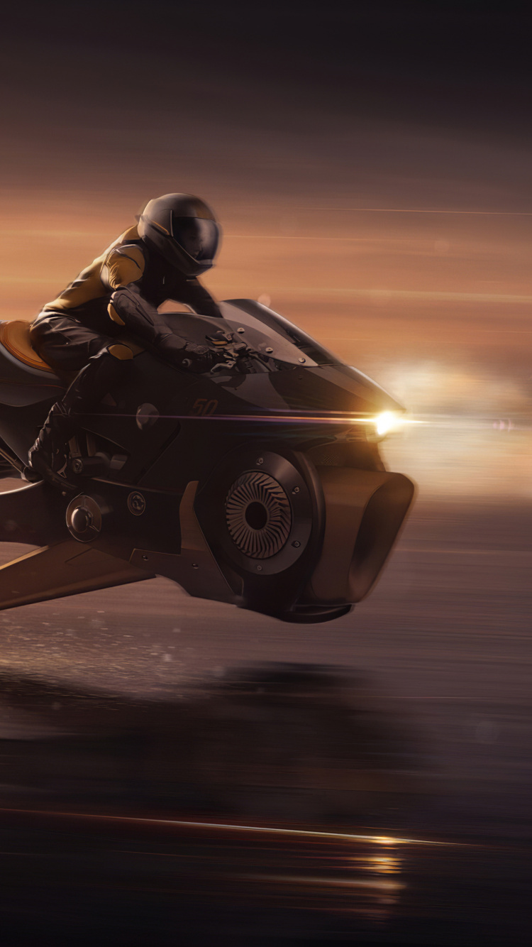 Обои летающий мотоцикл 3d, цифровое искусство, мотоцикл, велосипед, Научная фантастика в разрешении 750x1334