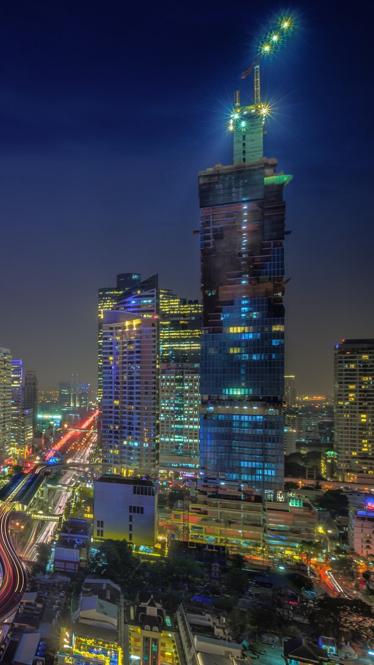 Обои Бангкок, ночь, иллюстрация, город, городской пейзаж в разрешении 750x1334