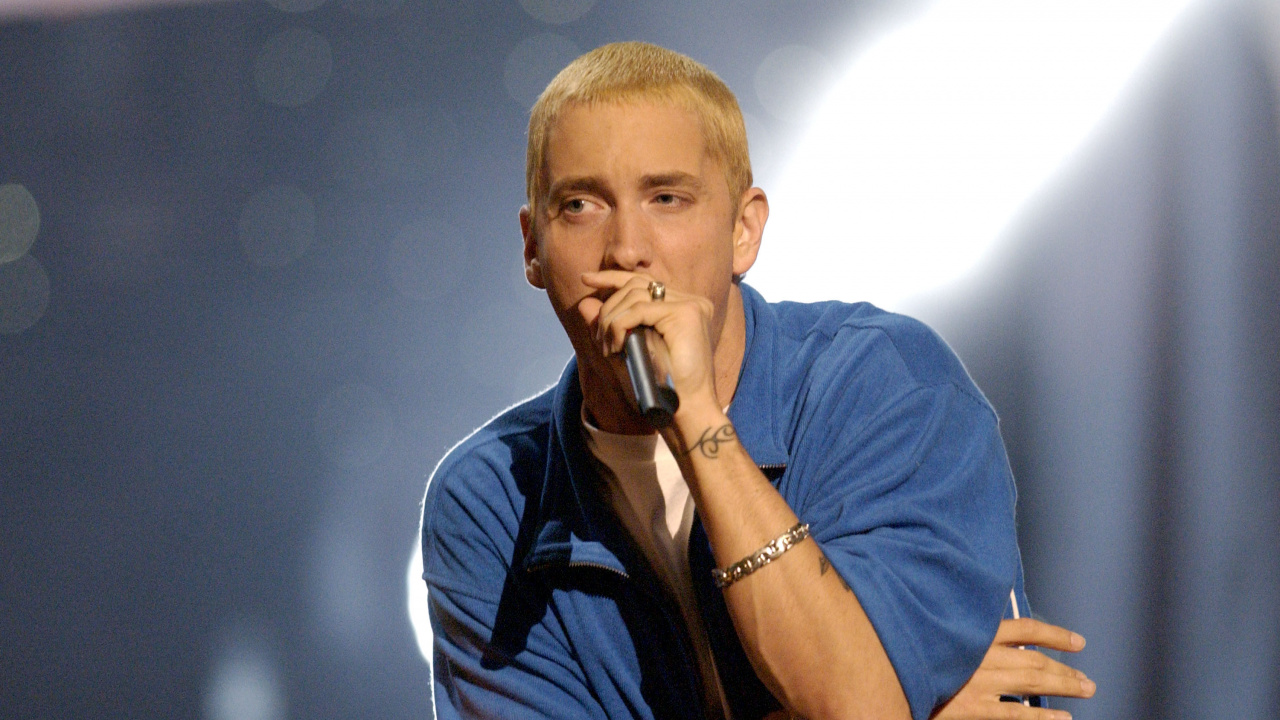 Обои eminem, реппер, хип хоп музыка, музыкальный исполнитель, пение в разрешении 1280x720