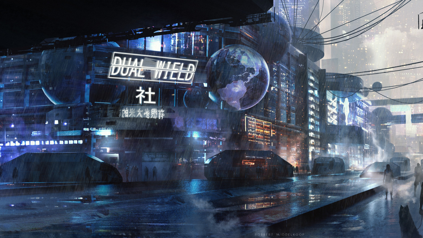 Обои Научная фантастика, цифровое искусство, арт, метрополия, архитектура в разрешении 1366x768