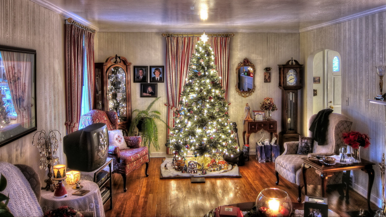 Обои Рождественский день, комната, гостиная комната, елка, дизайн интерьера в разрешении 1280x720