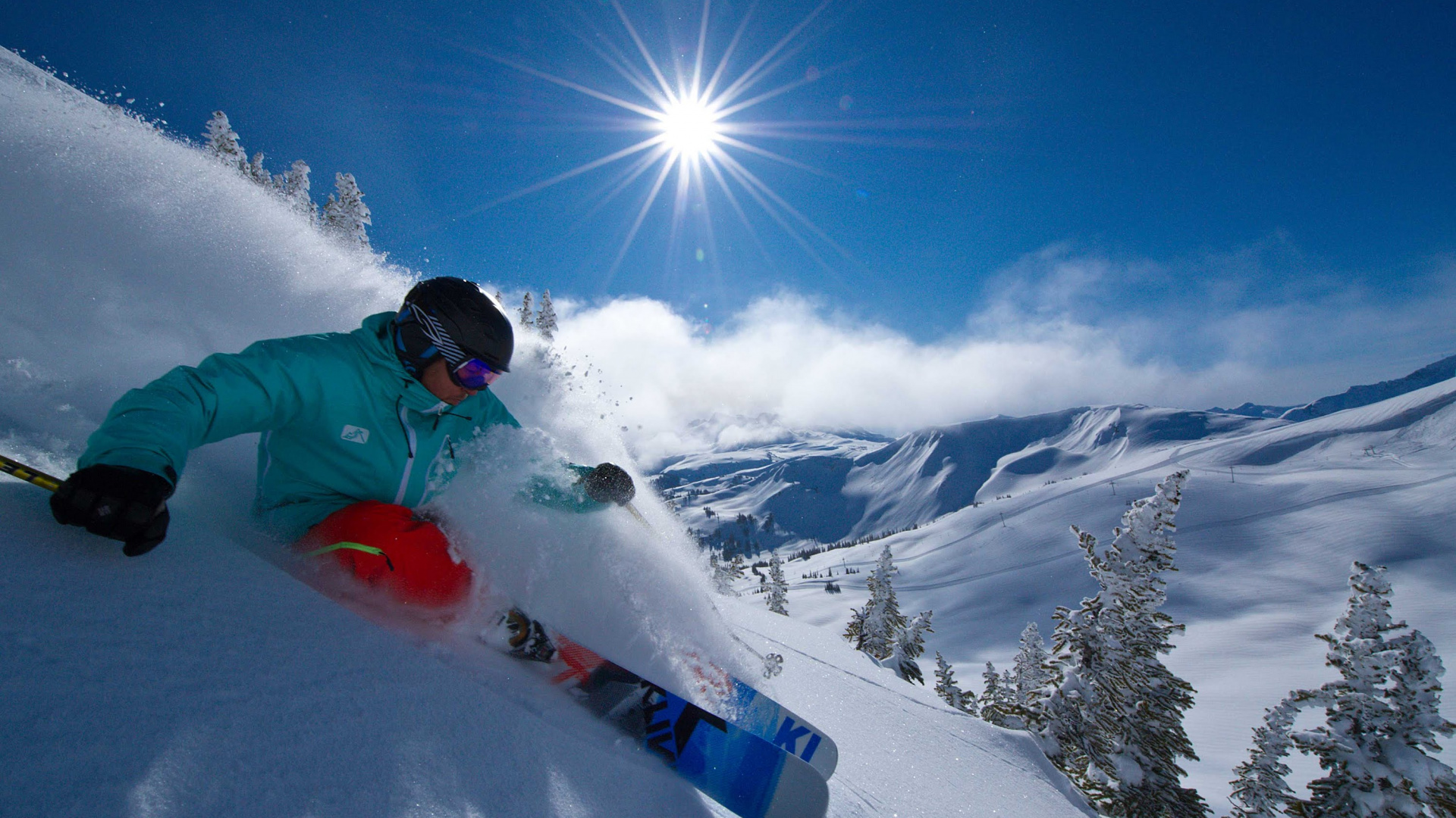 Обои лыжи, горнолыжный курорт, снег, экстремальный вид спорта, лыжня в разрешении 1920x1080