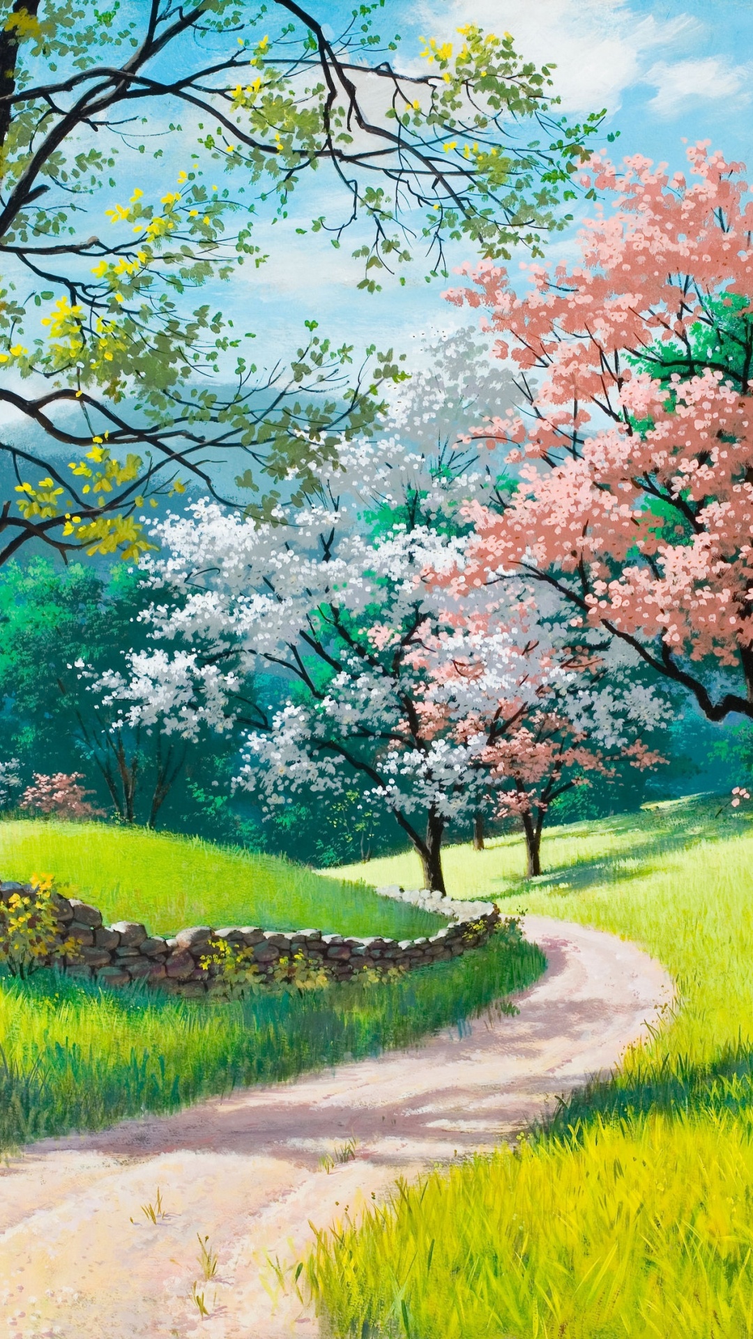 Обои весна, дерево, природа, акварельные краски, расцвет в разрешении 1080x1920