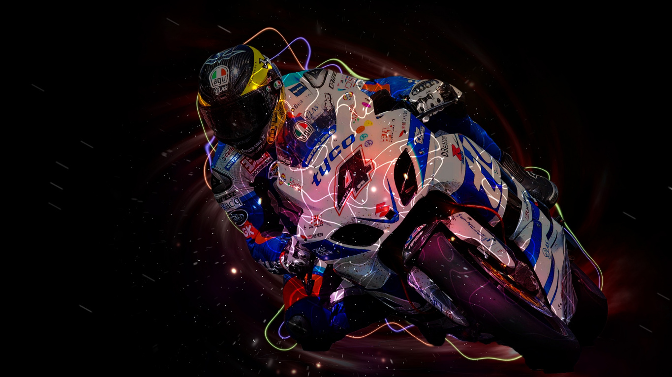 Обои мотоцикл, гонки на мотоциклах, suzuki, свет, графический дизайн в разрешении 1366x768