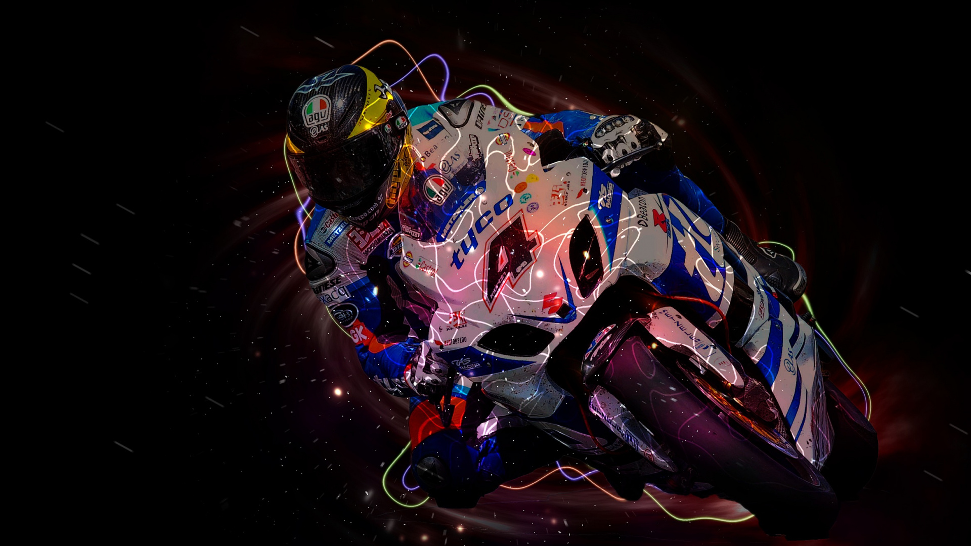 Обои мотоцикл, гонки на мотоциклах, suzuki, свет, графический дизайн в разрешении 1920x1080