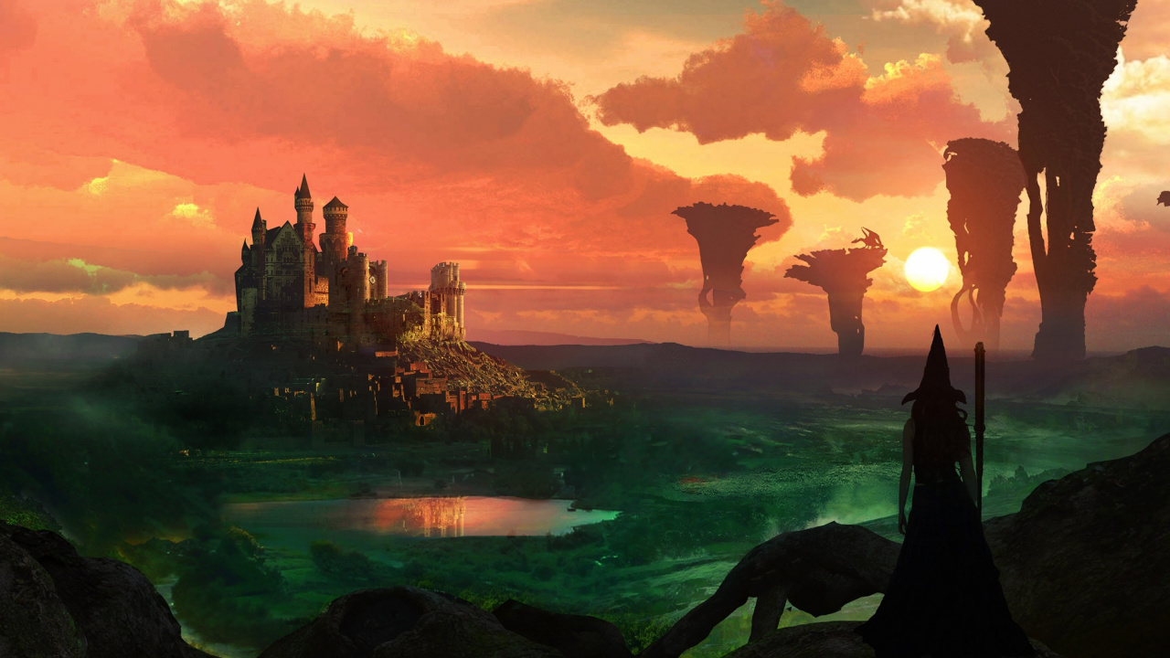 Обои замок, пейзаж, рассвет, восход солнца, магия в разрешении 1280x720