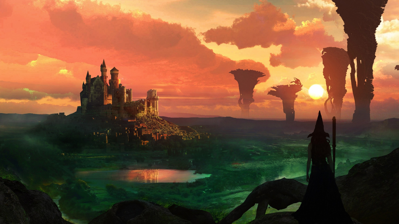 Обои замок, пейзаж, рассвет, восход солнца, магия в разрешении 1366x768