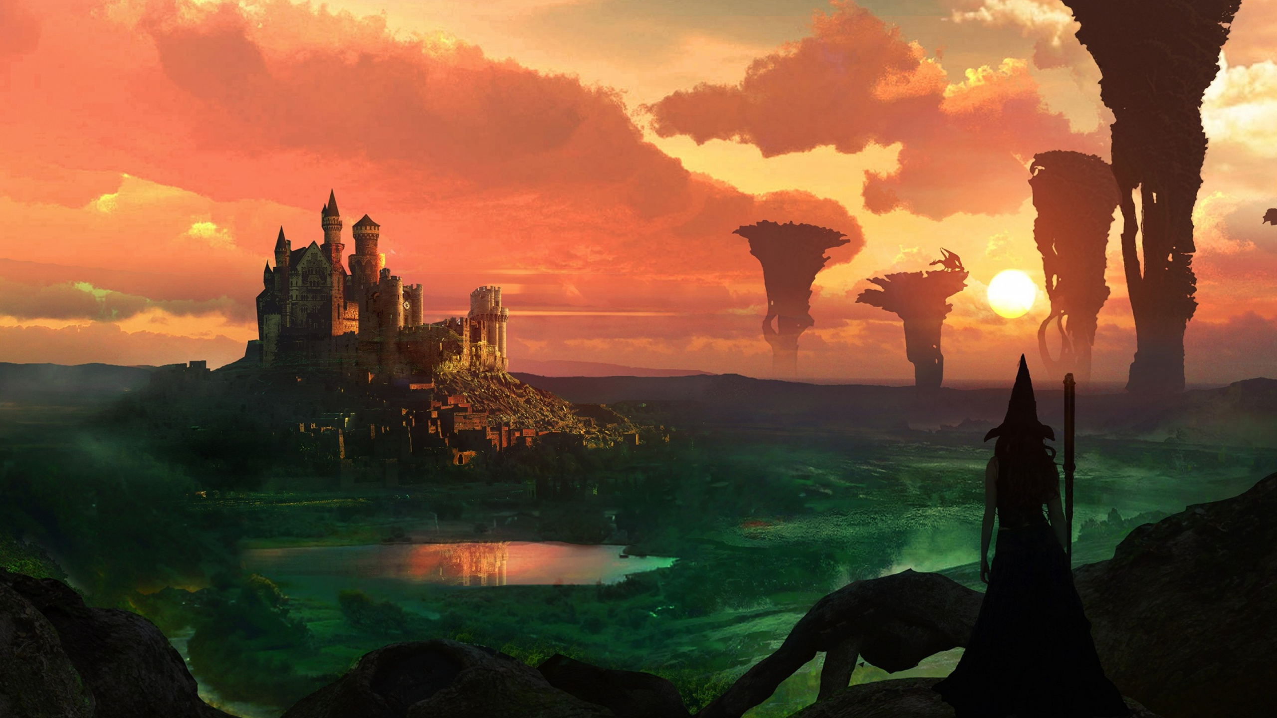 Обои замок, пейзаж, рассвет, восход солнца, магия в разрешении 2560x1440