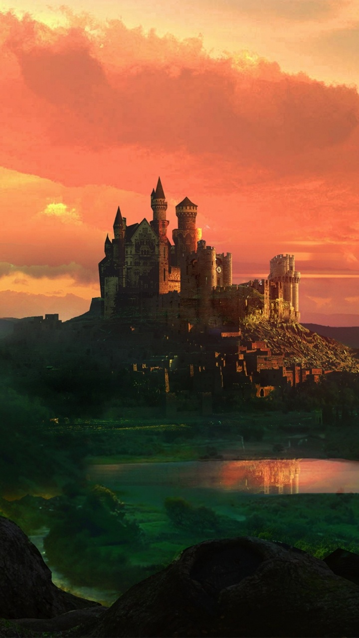 Обои замок, пейзаж, рассвет, восход солнца, магия в разрешении 720x1280