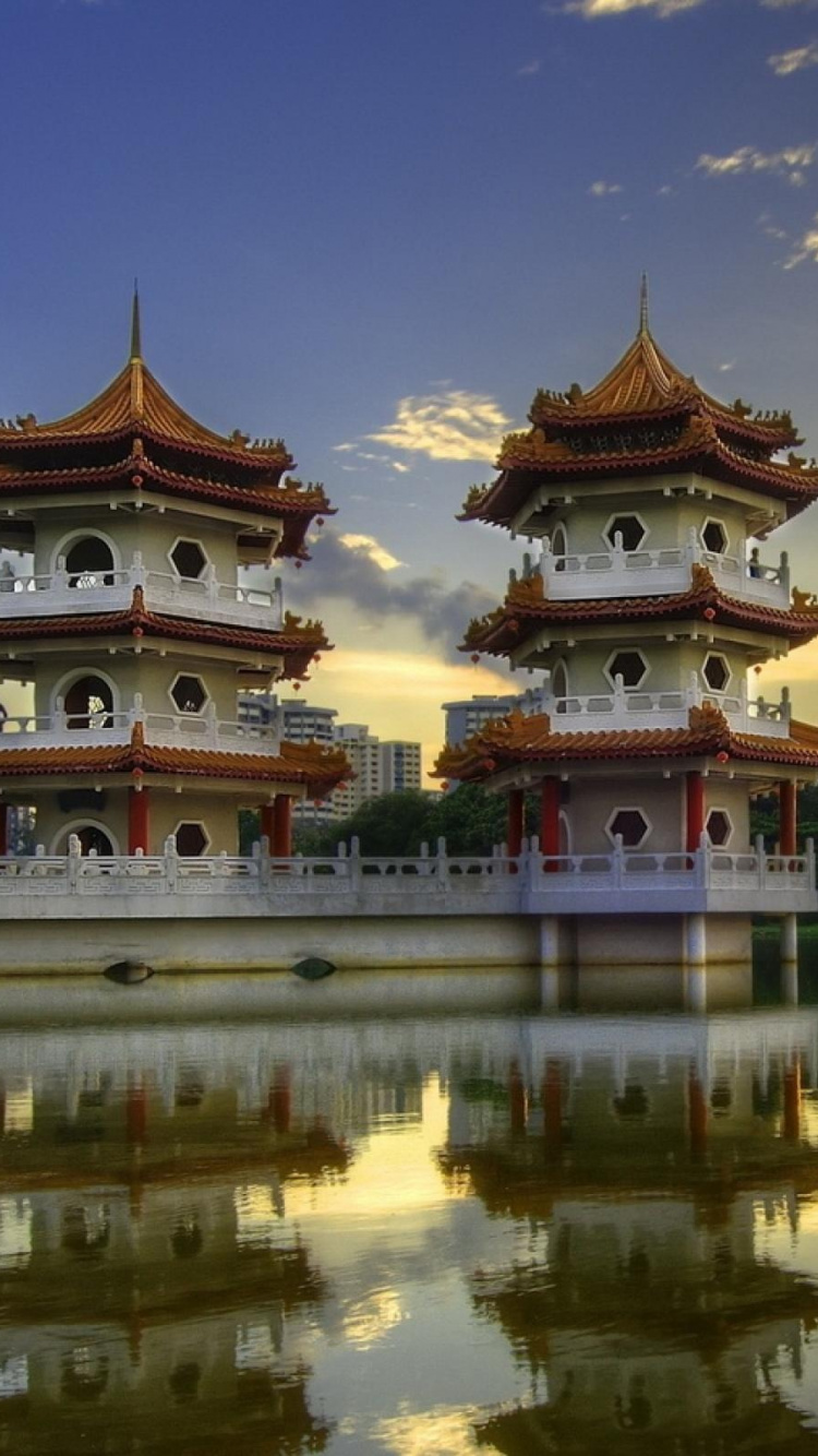 Обои китайский сад, сад, отражение, китайская архитектура, природа в разрешении 750x1334