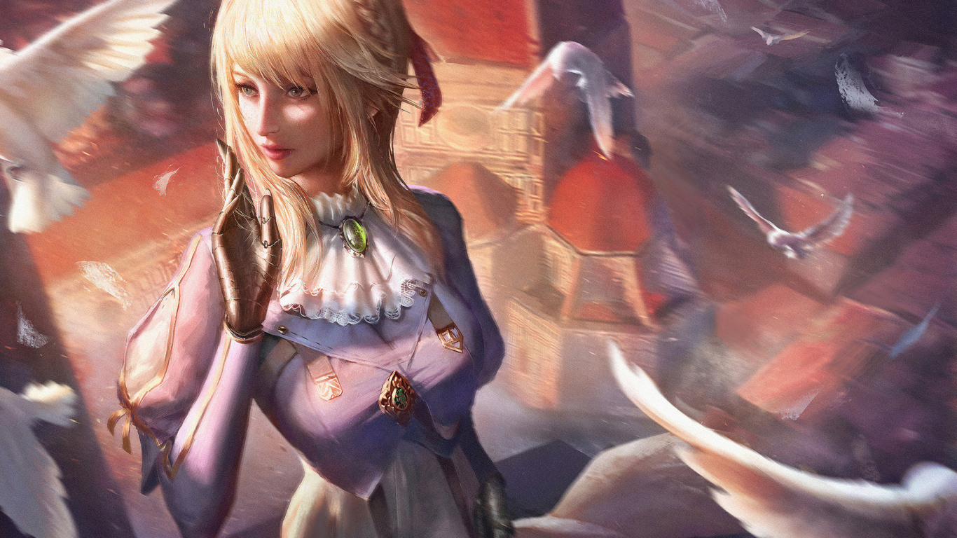 Обои Вайолет Evergarden, аниме, арт, произведение искусства, длинные волосы в разрешении 1366x768