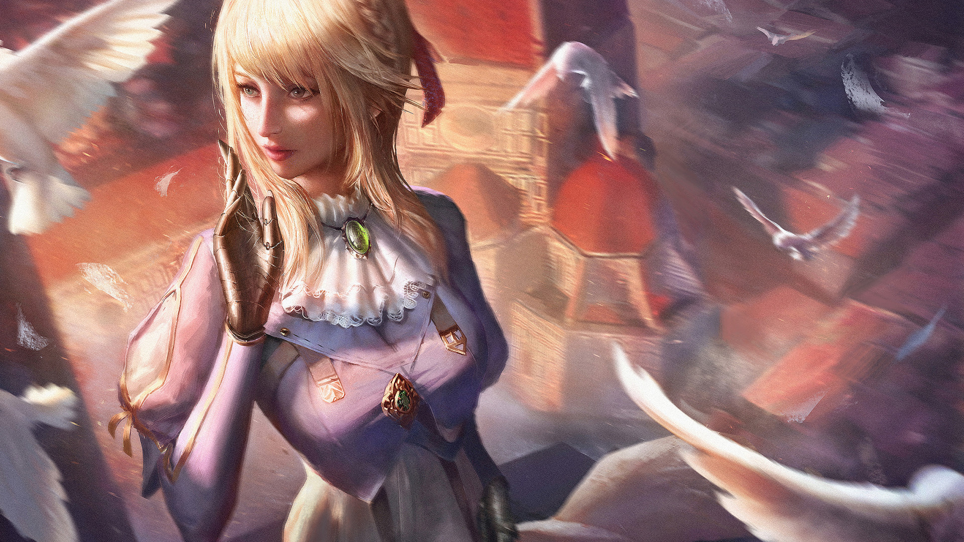 Обои Вайолет Evergarden, аниме, арт, произведение искусства, длинные волосы в разрешении 1920x1080