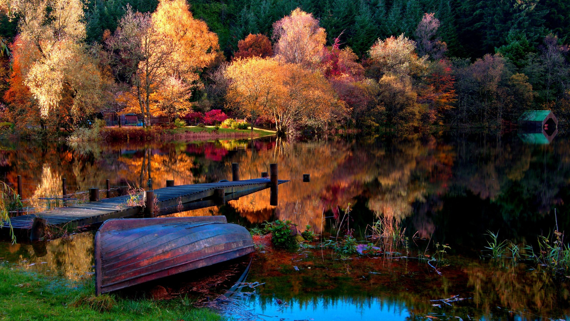 Обои осень, озеро, отражение, природа, природный ландшафт в разрешении 1920x1080