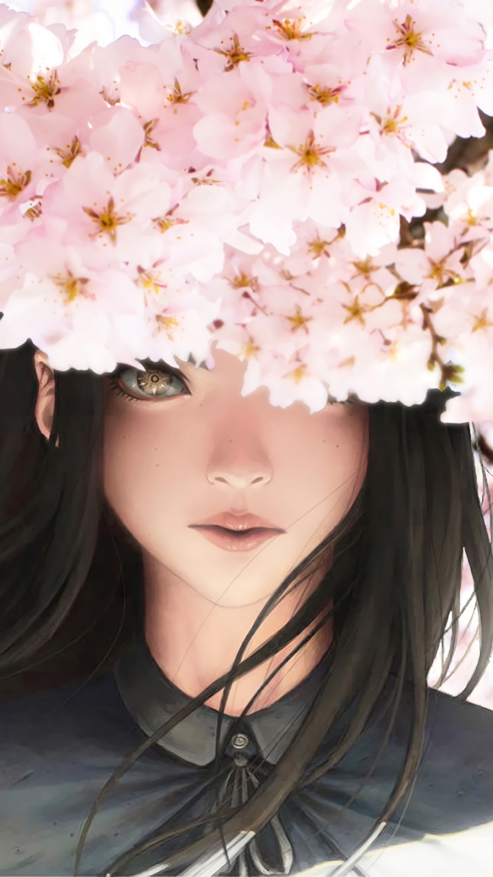 Обои аниме, цветение вишни, цветок, розовый, весна в разрешении 720x1280