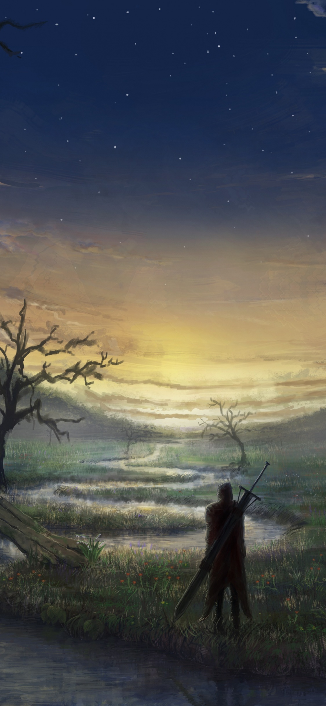 Обои пейзажная живопись, живопись, арт, дерево, утро в разрешении 1125x2436