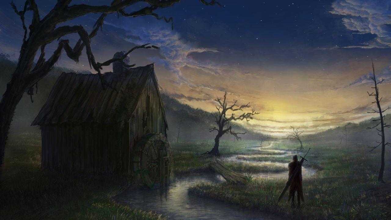 Обои пейзажная живопись, живопись, арт, дерево, утро в разрешении 1280x720