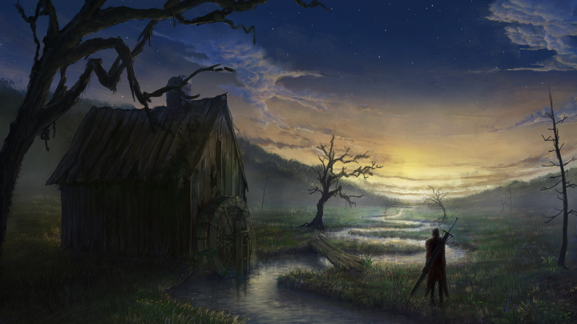 Обои пейзажная живопись, живопись, арт, дерево, утро в разрешении 1920x1080