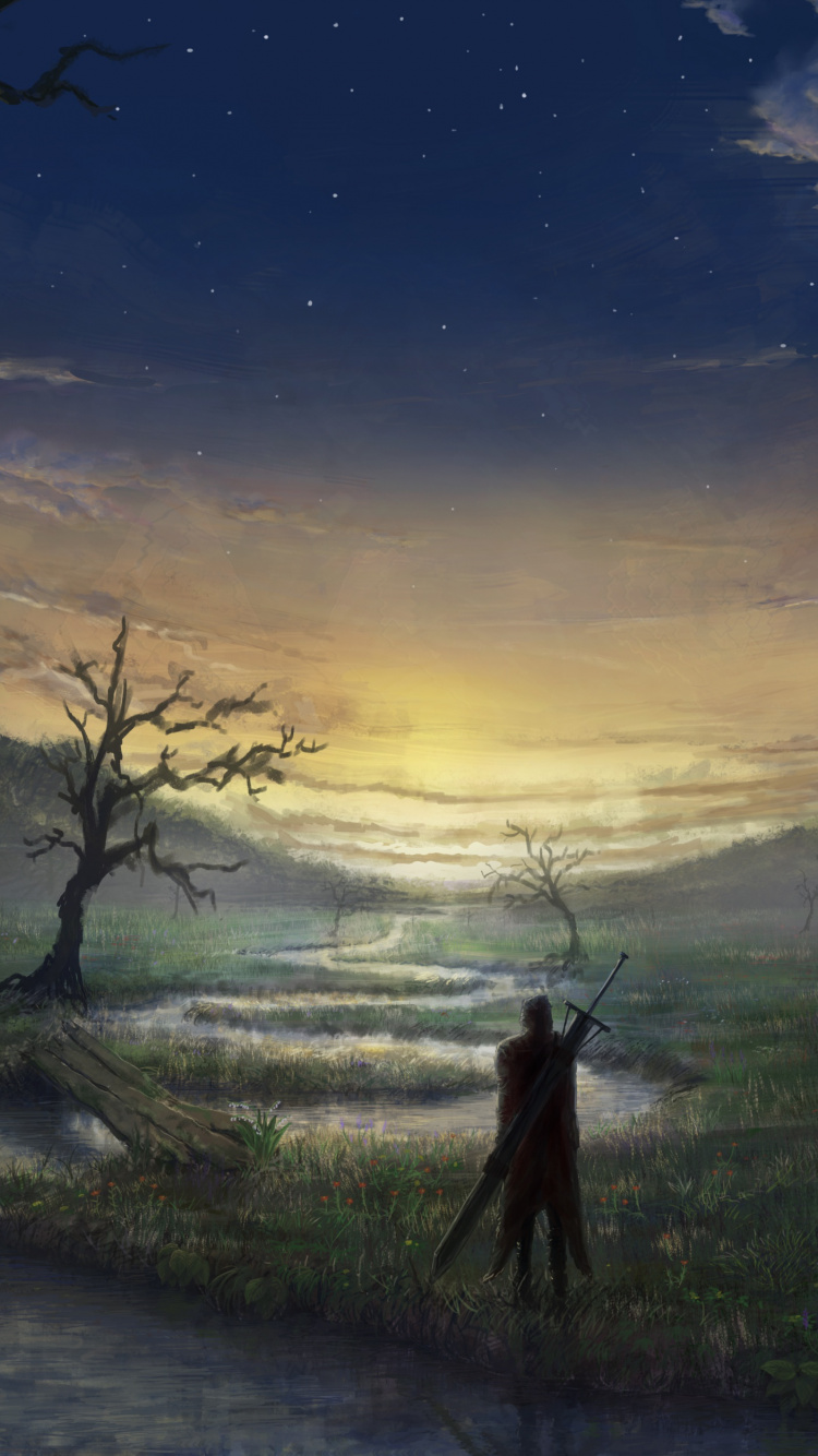 Обои пейзажная живопись, живопись, арт, дерево, утро в разрешении 750x1334