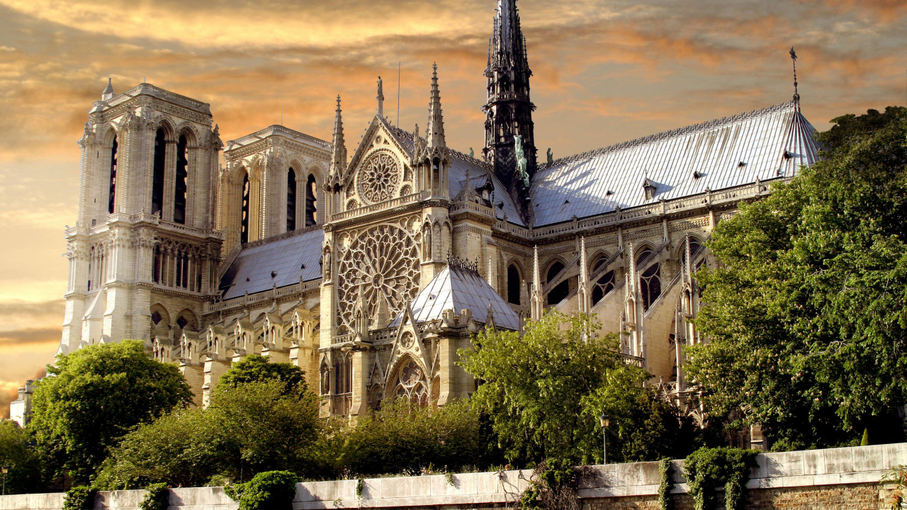 Обои НотрДам де Пари, собор, здание, место поклонения, средневековая архитектура в разрешении 1280x720