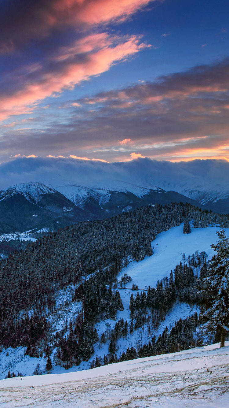 Обои гора, закат, пейзажная живопись, горный хребет, горный рельеф в разрешении 750x1334