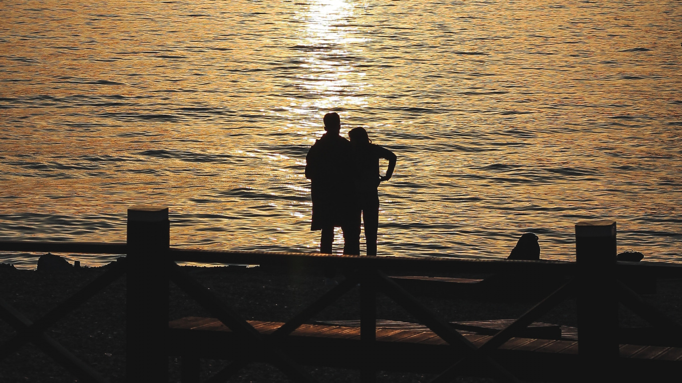 Обои закат, силуэт, горизонт, море, океан в разрешении 1366x768