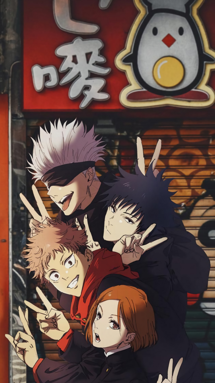 Обои аниме, сатору годзё, нобара кугисаки, джиу-джитсу кайсен, Юдзи Итадори в разрешении 750x1334