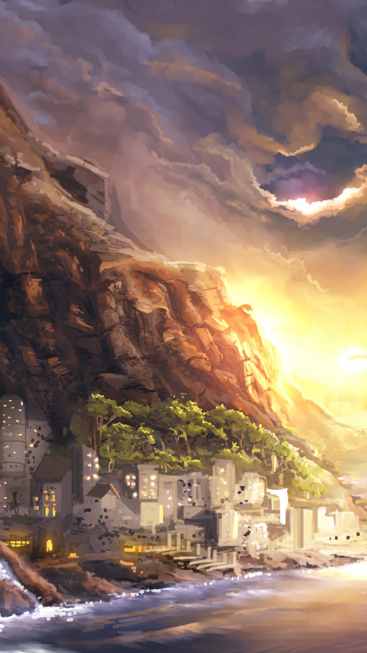 Обои фэнтези, пейзаж, местность, живопись, рок в разрешении 720x1280