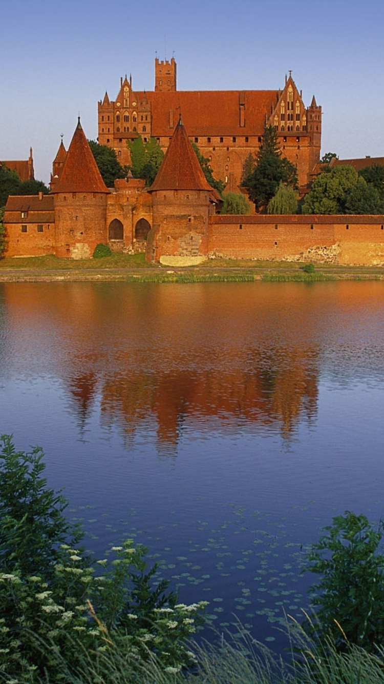 Обои Замок Мальборк, замок, отражение, природа, вода в разрешении 750x1334