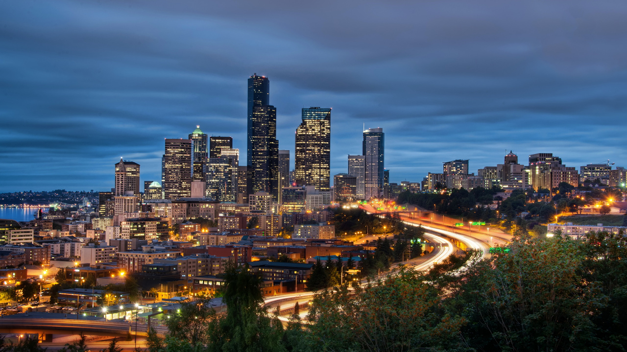 Обои Сиэтл, городской пейзаж, город, городской район, линия горизонта в разрешении 1280x720