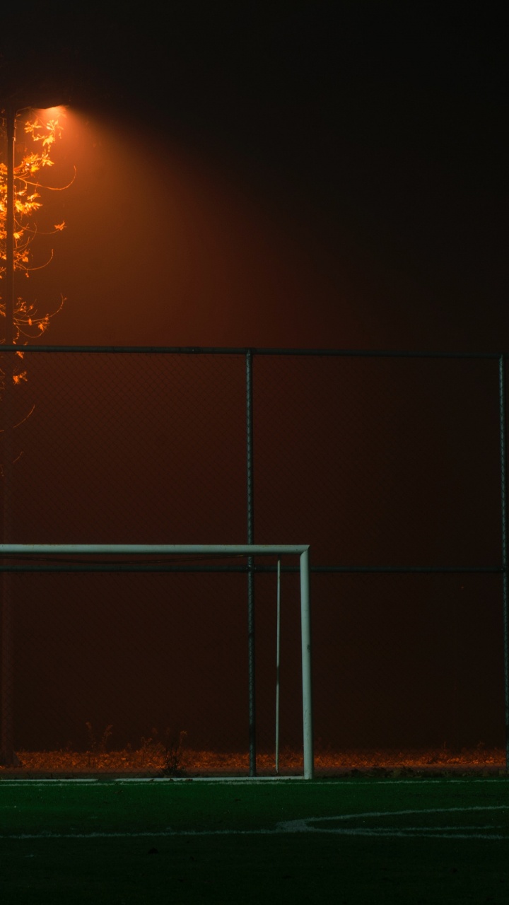 Обои футбольное поле, цель, стадион, свет, ночь в разрешении 720x1280