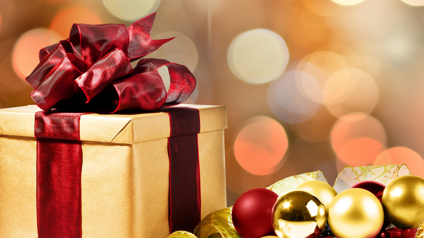 Обои Рождественский день, Рождественские украшения, рождественский орнамент, настоящее время, подарочная упаковка в разрешении 1366x768