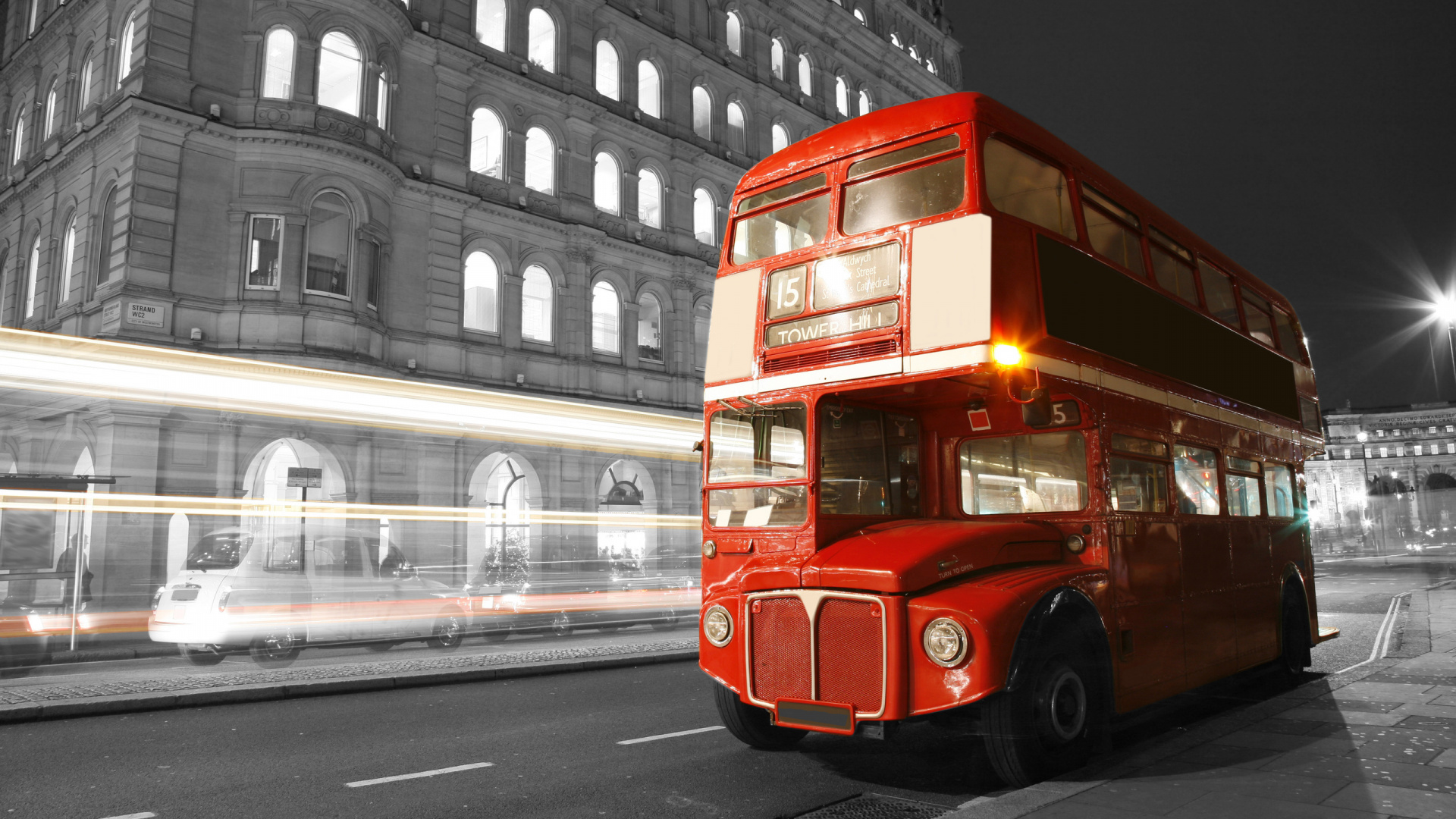 Обои автобус, транспорт, общественный транспорт, деловой район, двухэтажный автобус в разрешении 1920x1080