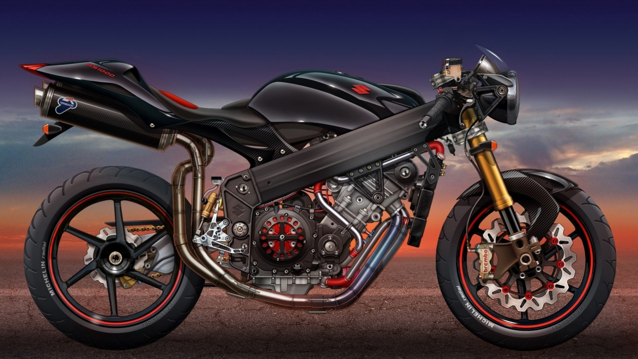 Обои suzuki, мотоцикл, авто, обод, выхлопная система в разрешении 1280x720