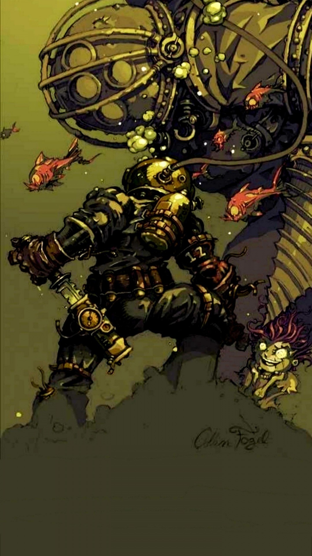 Обои bioshock bouncer art, игра BioShock, bioshock infinite, В BioShock 2, большой папочка в разрешении 1080x1920