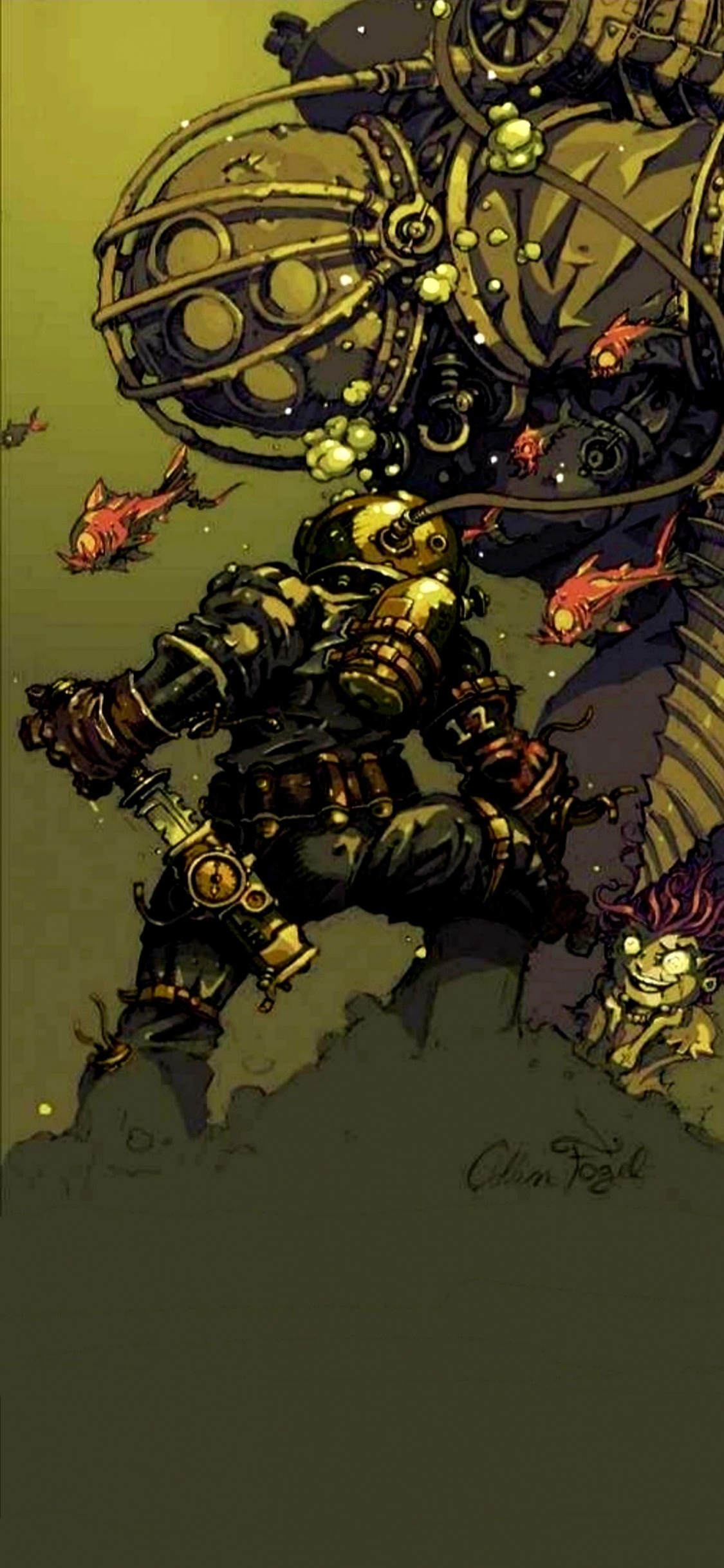 Обои bioshock bouncer art, игра BioShock, bioshock infinite, В BioShock 2, большой папочка в разрешении 1125x2436